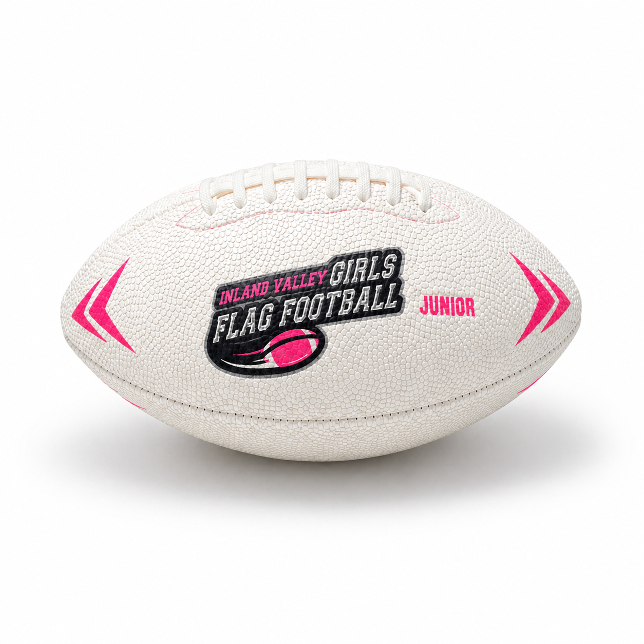 White junior flag football with 'Inland Valley Girls Flag Football' logo on a white background