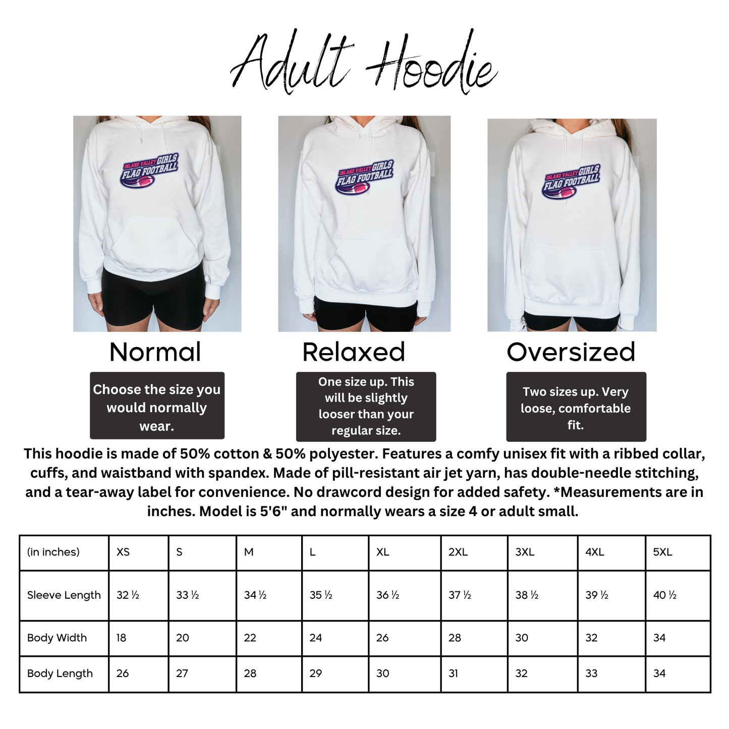 White hoodie with branding on a white background, showing different fit options.