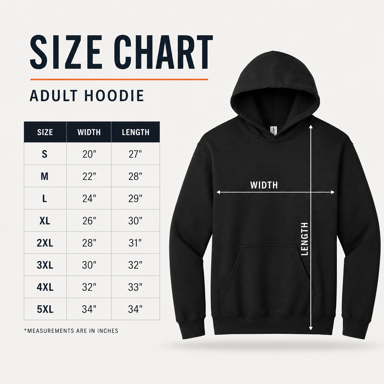 Black hoodie with size chart on a white background