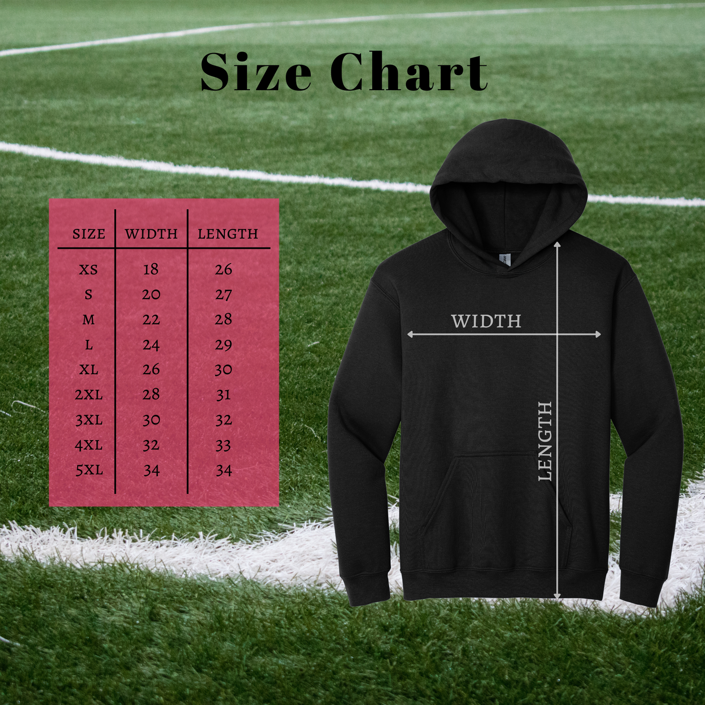 Black hoodie with size chart on grass field