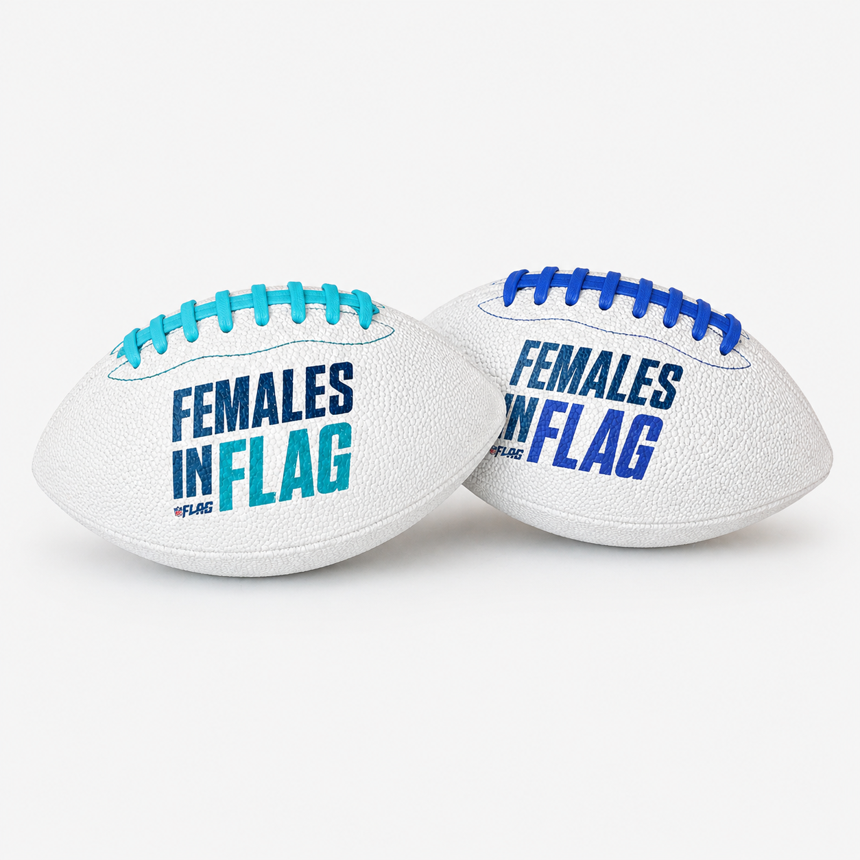 Two footballs with 'FEMALES IN FLAG' text on a white background