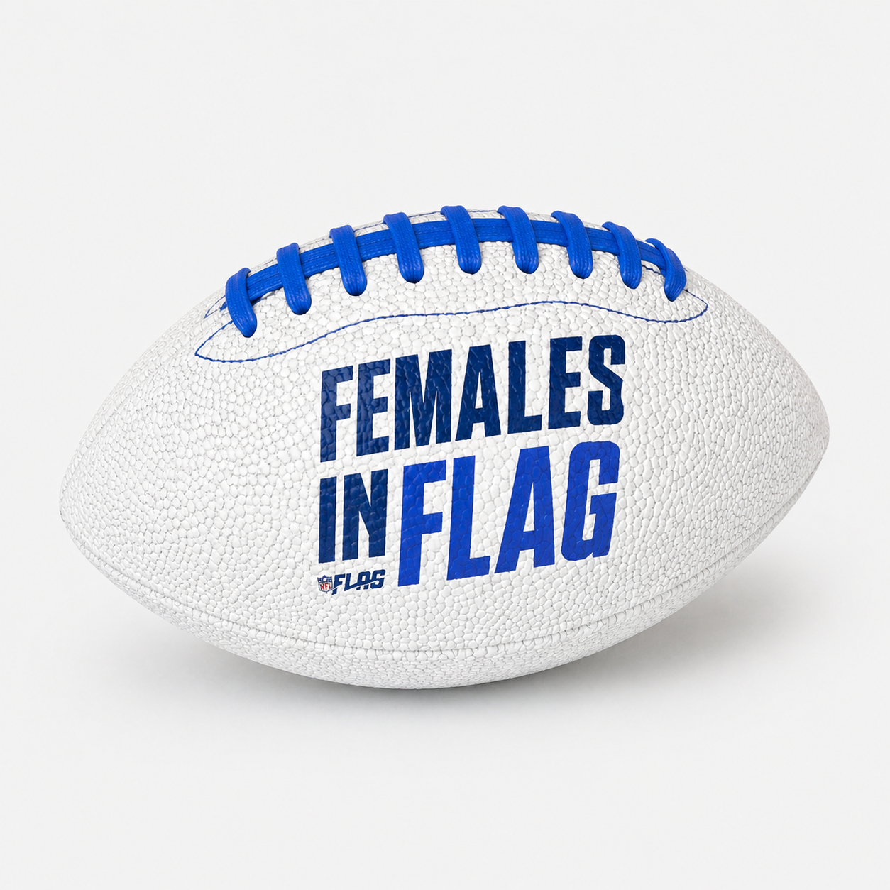White football with blue text and laces on a white background