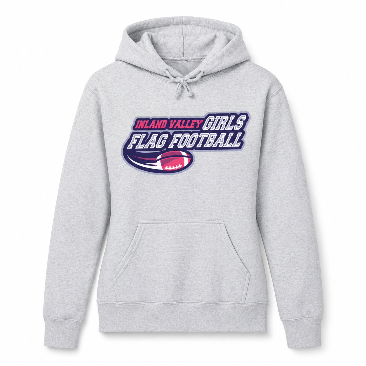 Gray hoodie with 'Inland Valley Girls Flag Football' text and logo on a white background