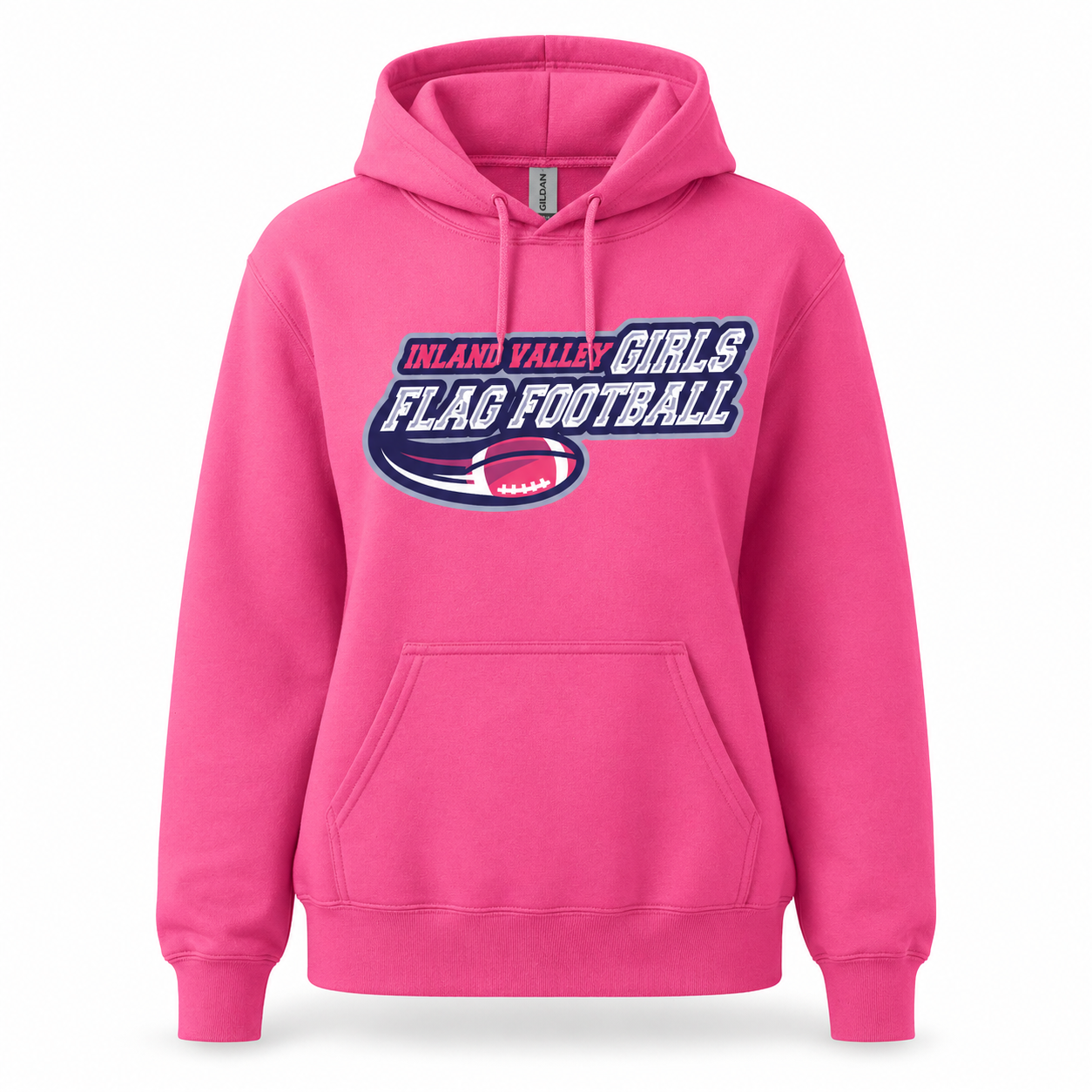 Pink hoodie with 'Inland Valley Girls Flag Football' text and logo on a white background