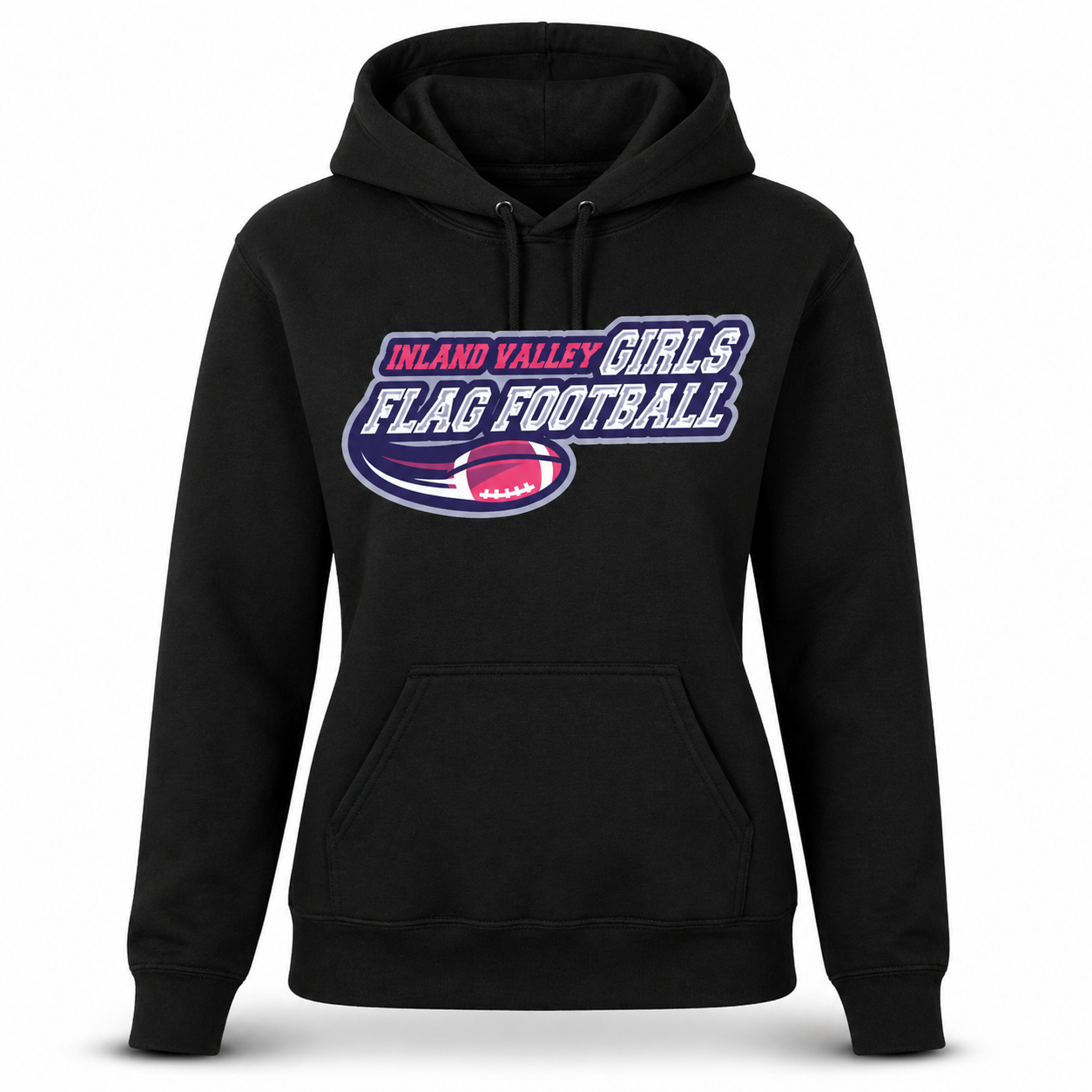Black hoodie with 'Inland Valley Girls Flag Football' text and logo on a white background
