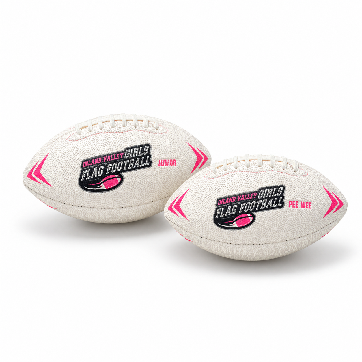 Two white flag footballs with pink accents on a white background