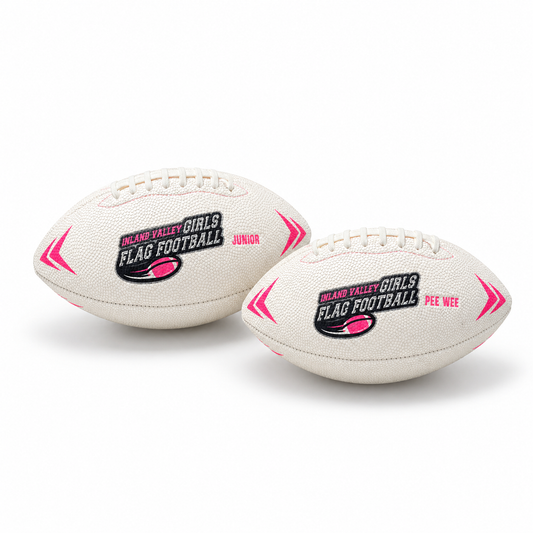 Two white flag footballs with pink accents on a white background