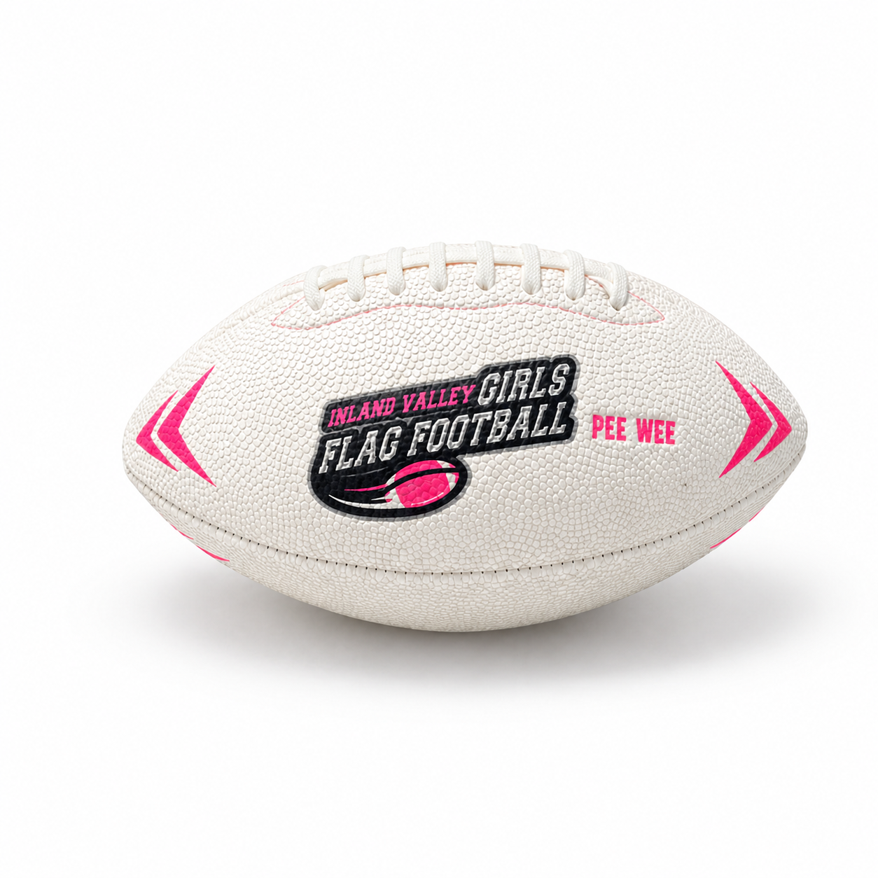 White flag football with 'Inland Valley Girls Flag Football' text and pink accents on a white background