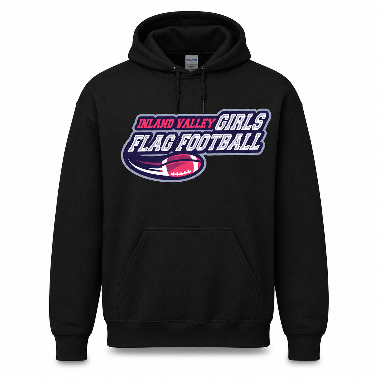Black hoodie with 'Inland Valley Girls Flag Football' text and logo on a white background