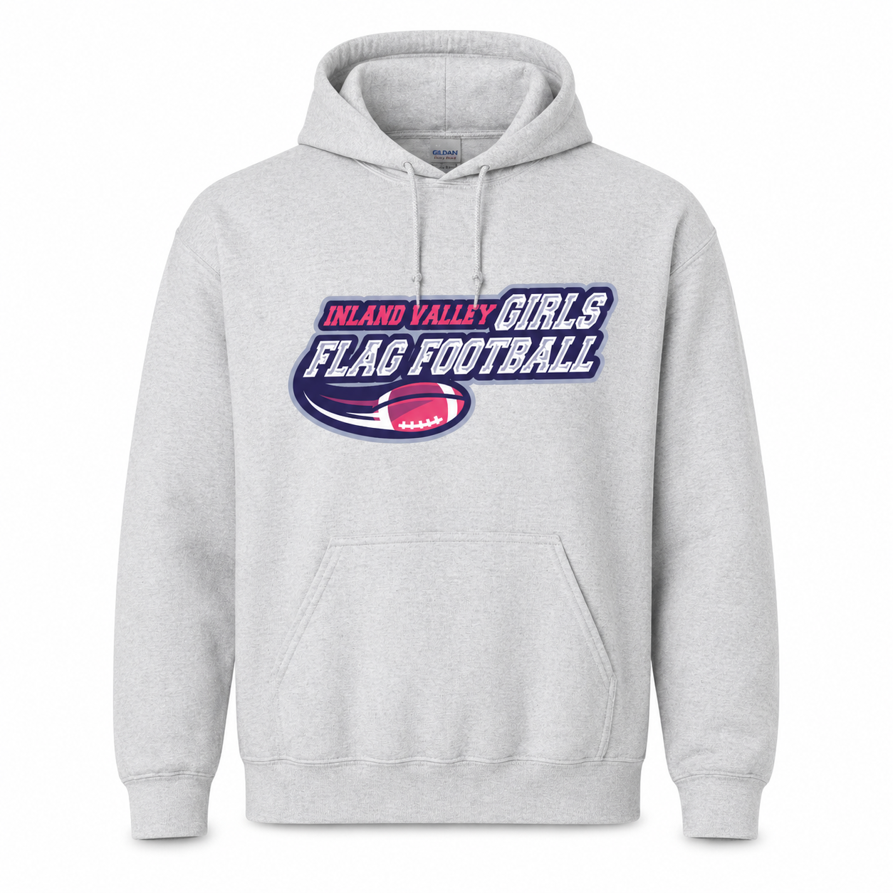Gray hoodie with 'Inland Valley Girls Flag Football' text and logo on a white background