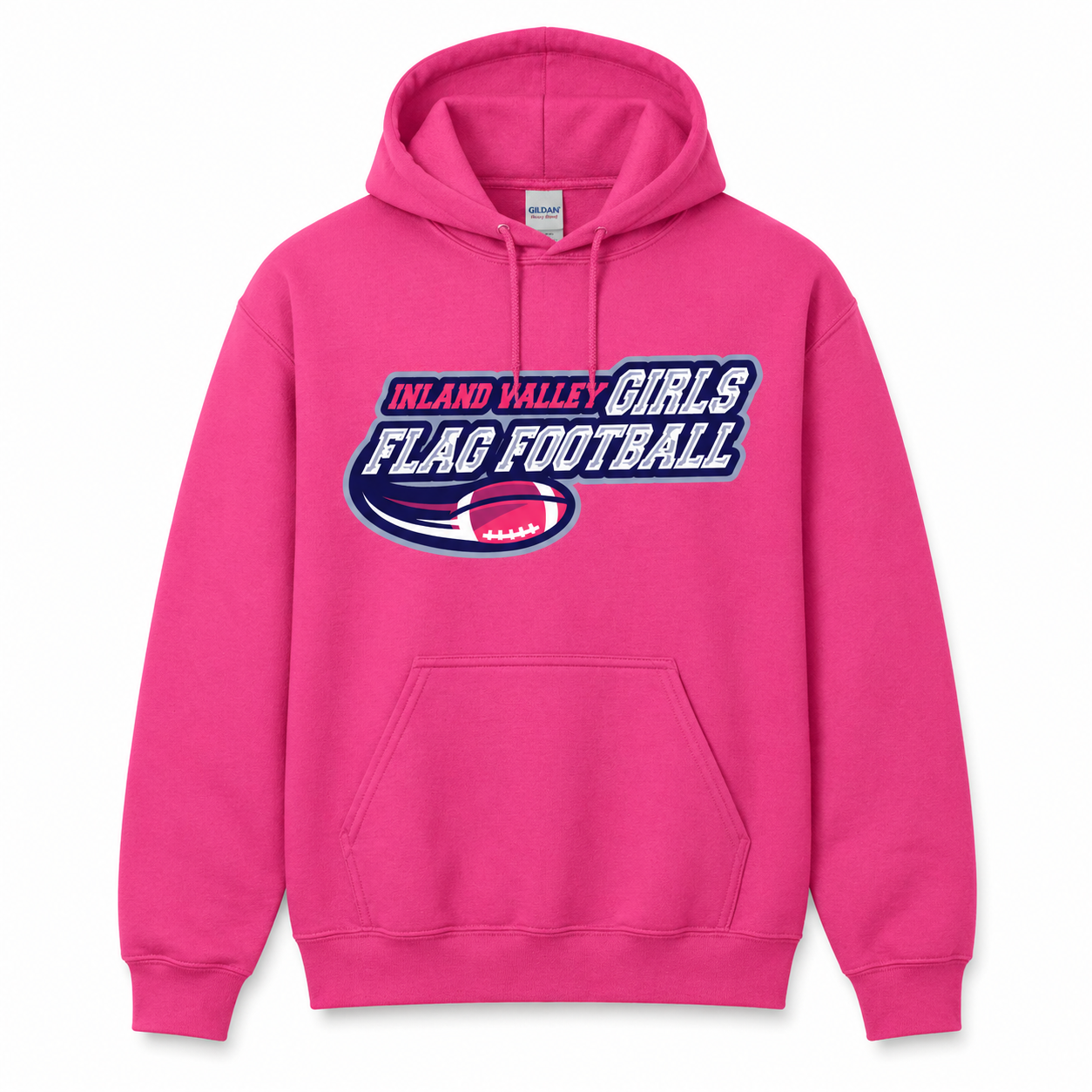 Berry hoodie with 'Inland Valley Girls Flag Football' text and logo on a white background