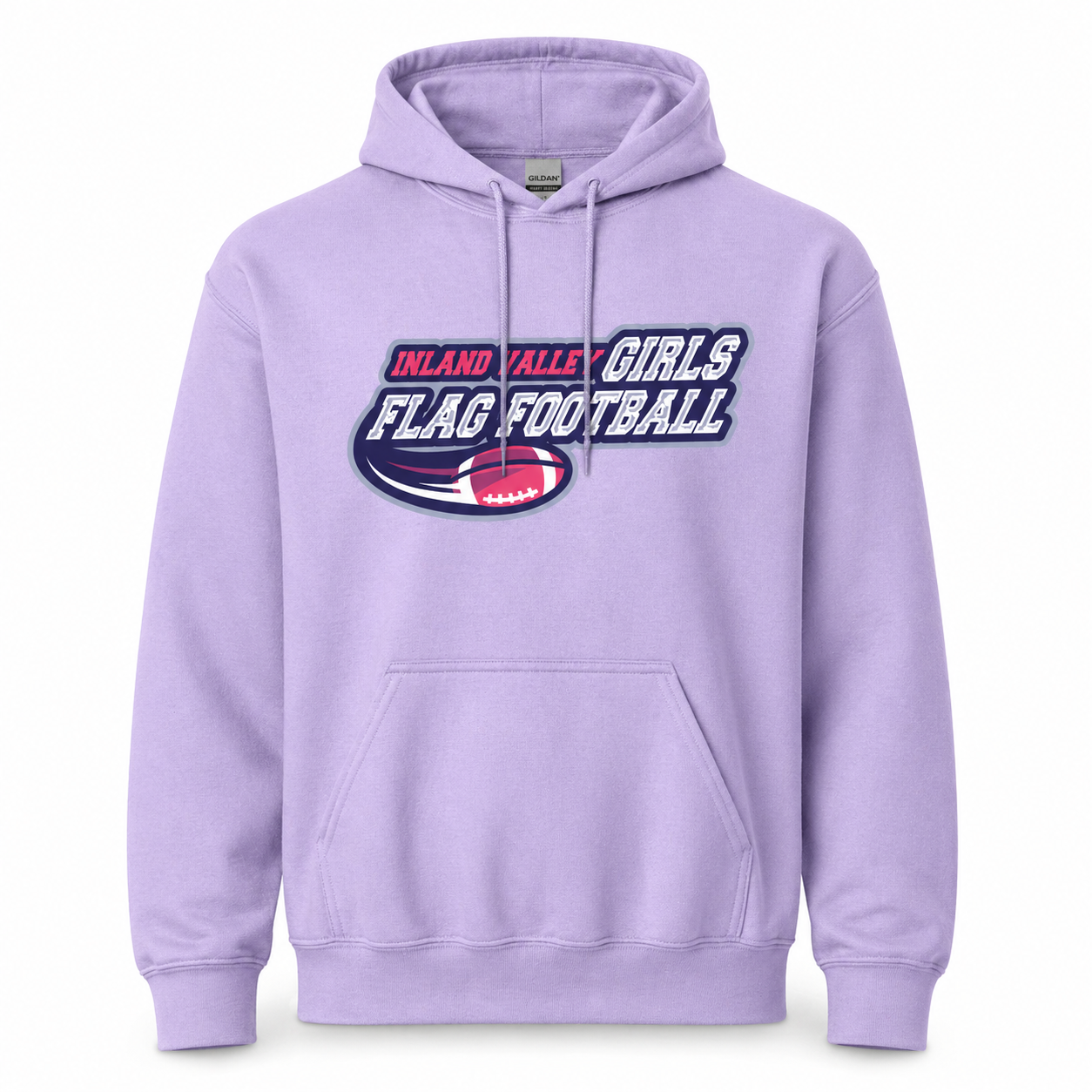Lilac hoodie with 'Inland Valley Girls Flag Football' text and logo on a white background