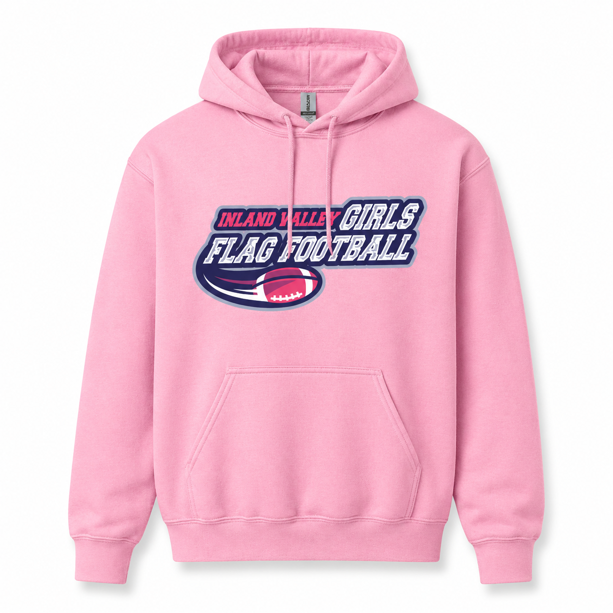 Pink hoodie with 'Inland Valley Girls Flag Football' text and logo on a white background