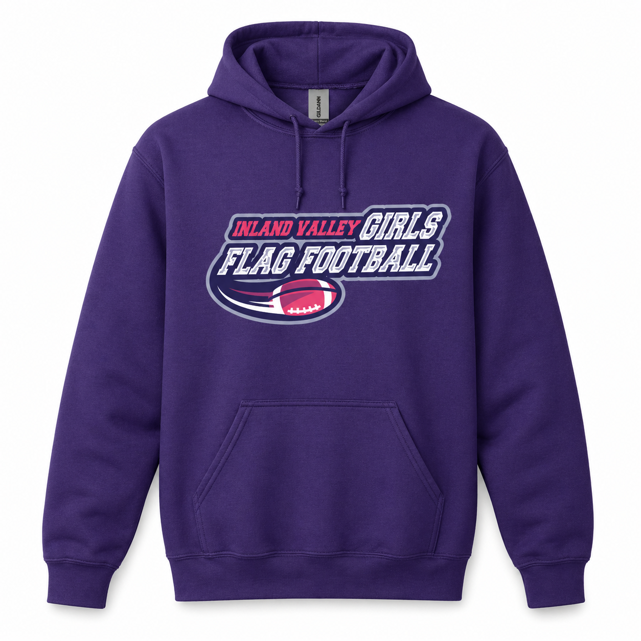 Purple hoodie with 'Inland Valley Girls Flag Football' text and logo on a white background