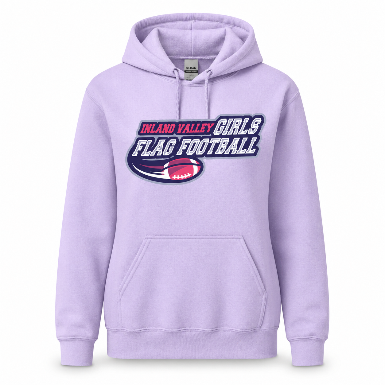 Lilac hoodie with 'Inland Valley Girls Flag Football' text and logo on a white background