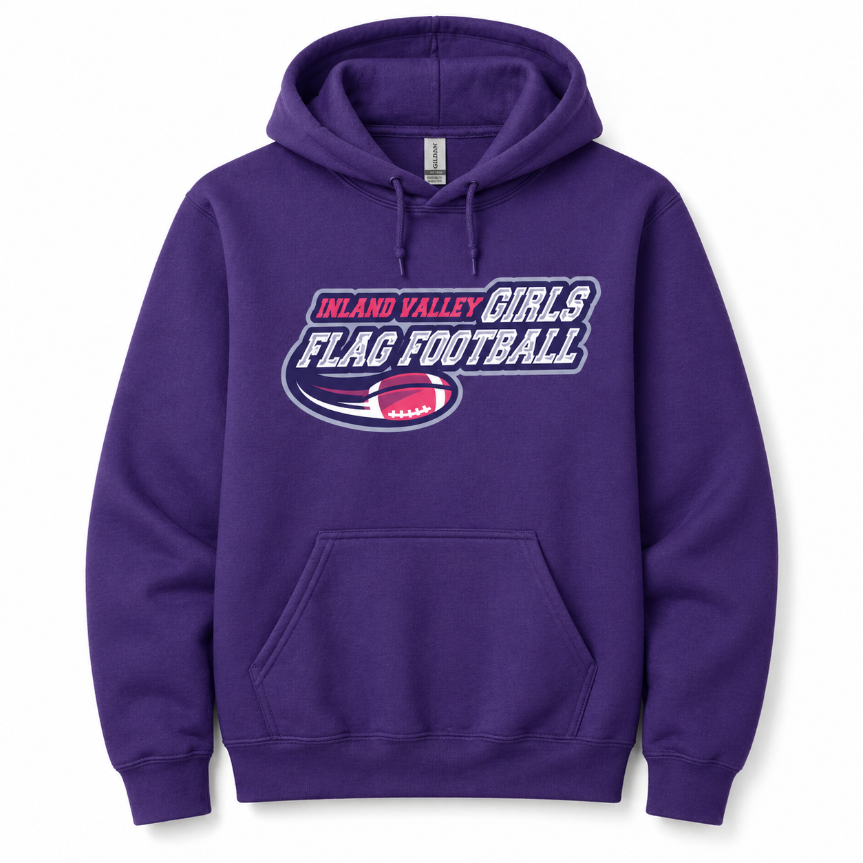 Purple hoodie with 'Inland Valley Girls Flag Football' text and logo on a white background