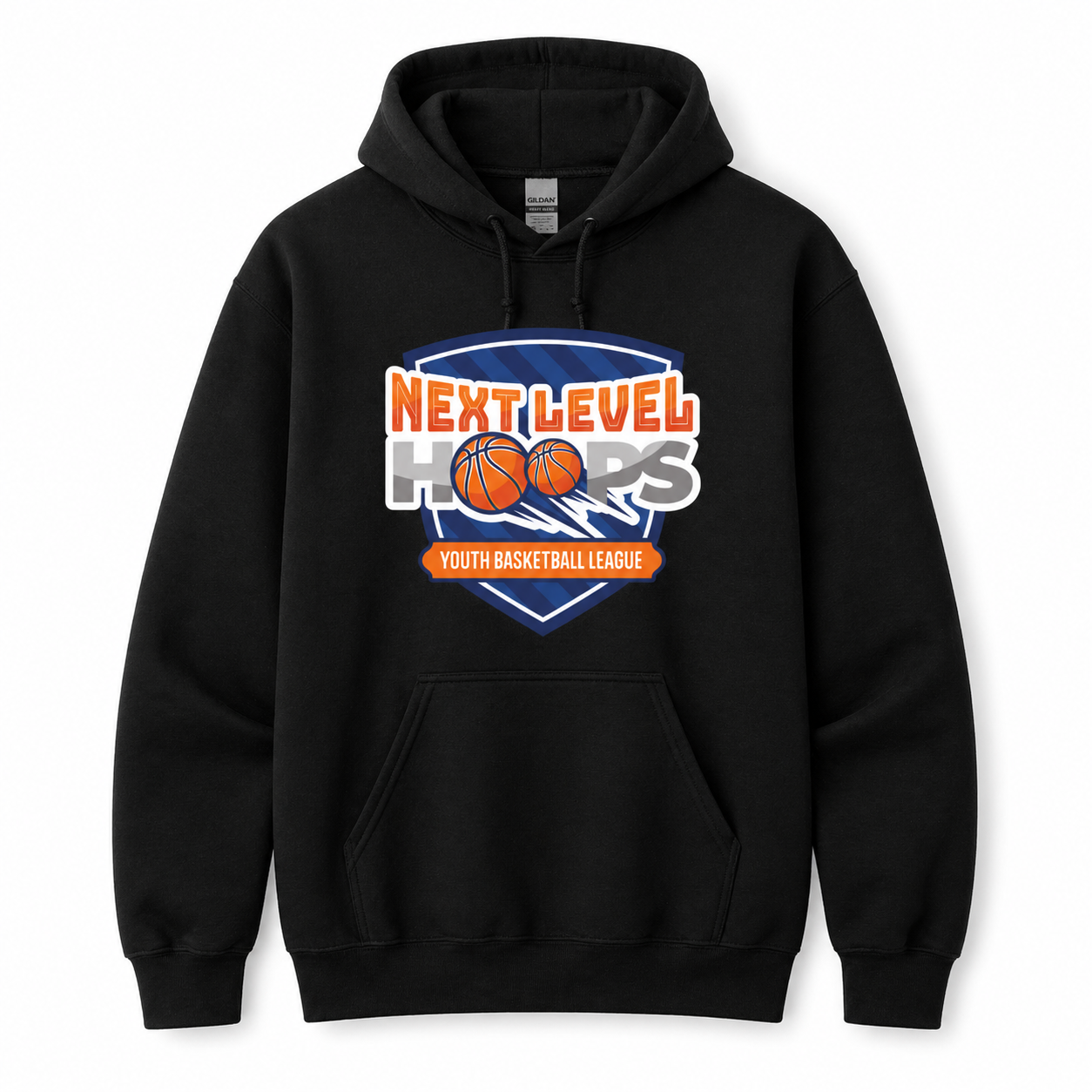 Black hoodie with 'Next Level Hoops' youth basketball league logo on a white background