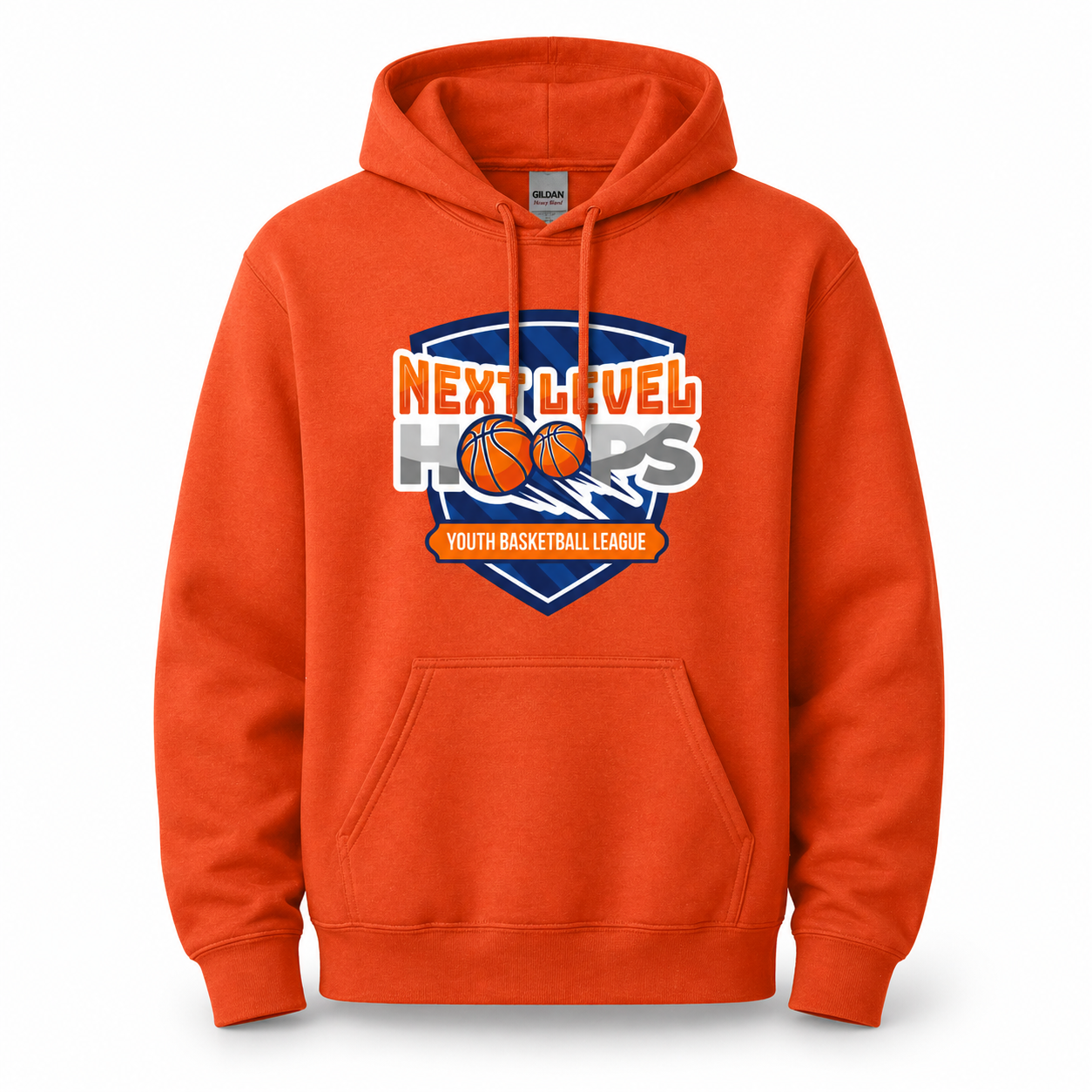 Orange hoodie with 'Next Level Hoops' youth basketball league logo on a white background