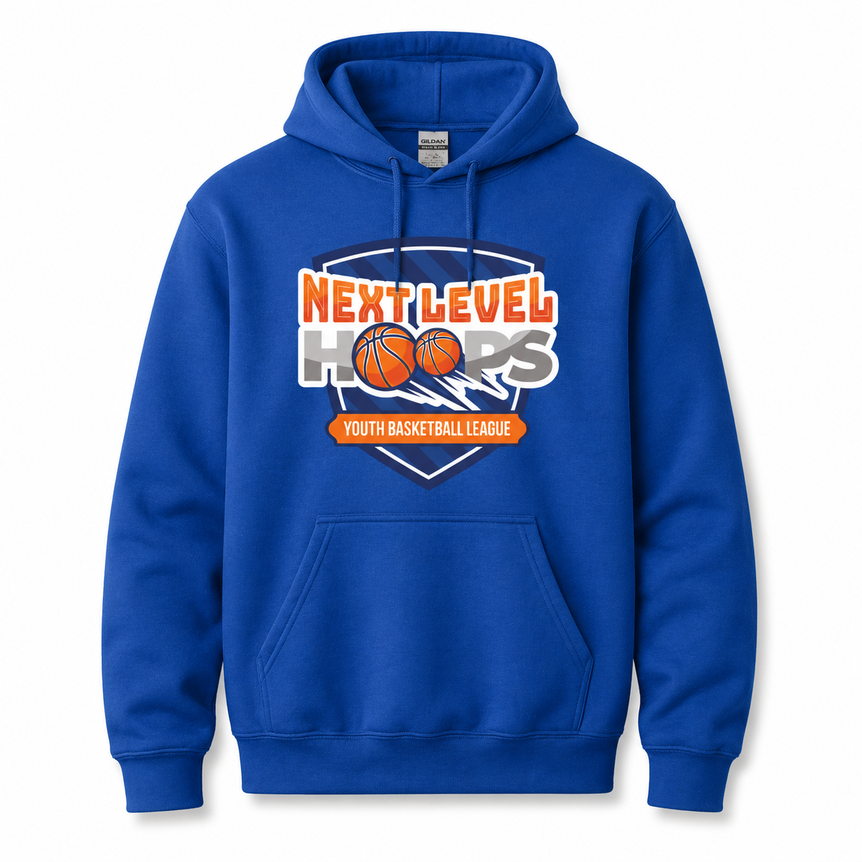 Blue hoodie with 'Next Level Hoops' youth basketball league logo on a white background