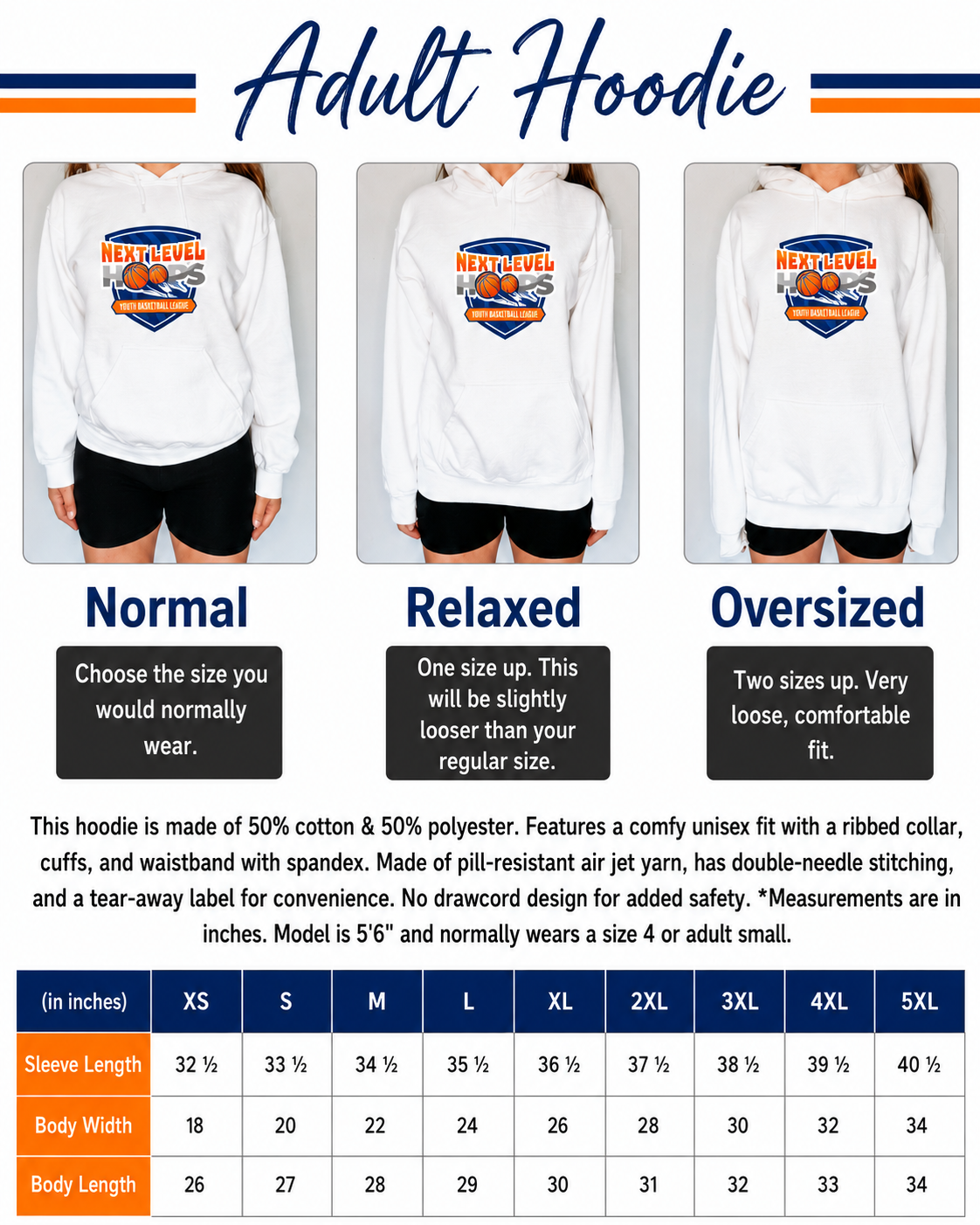 Hoodie size chart with three different fit options and measurements.